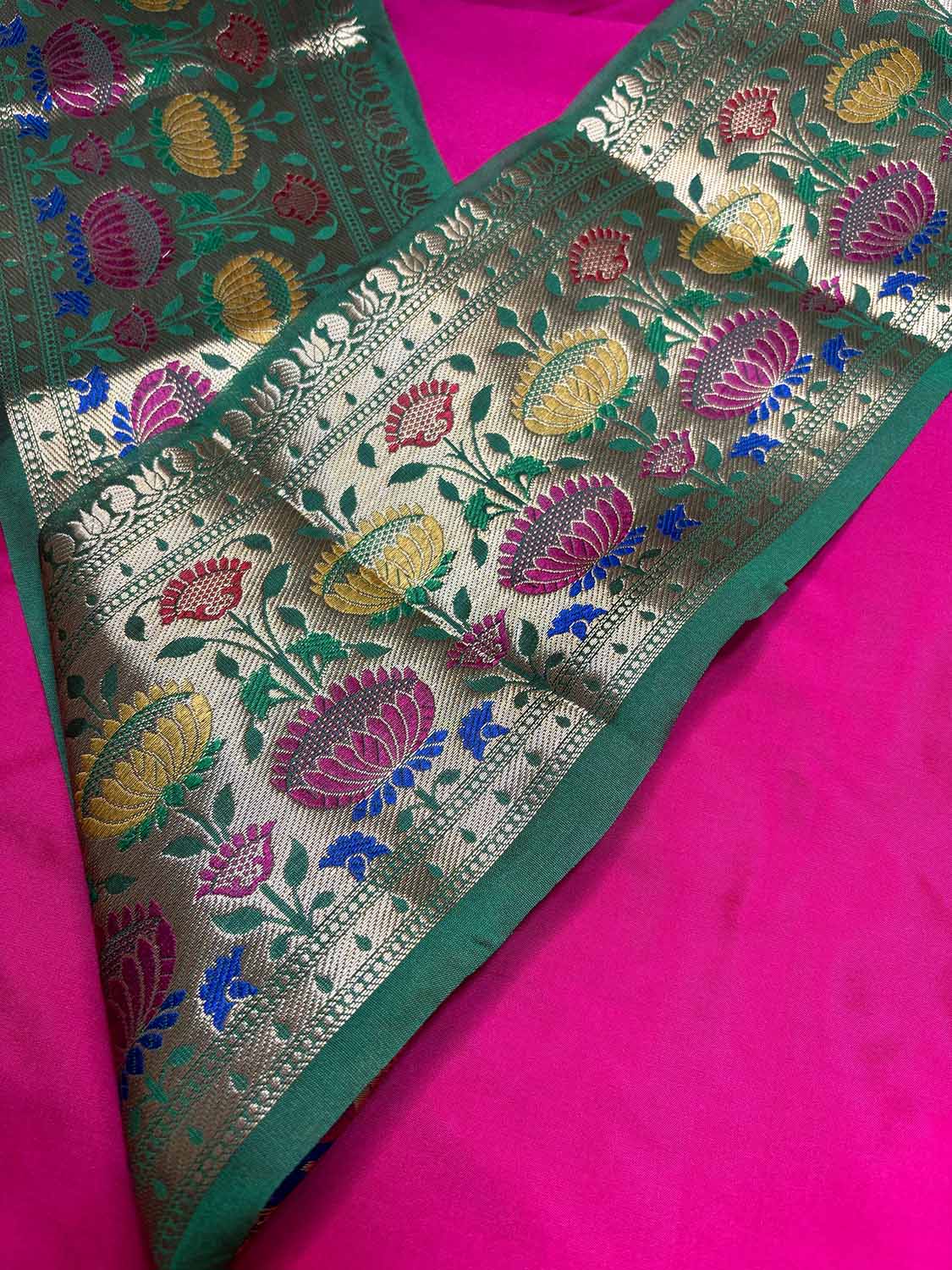 Pink Plain Soft Silk Unstitched Kurti Fabric With Green Paithani Silk Flower Design Lace - Luxurion World