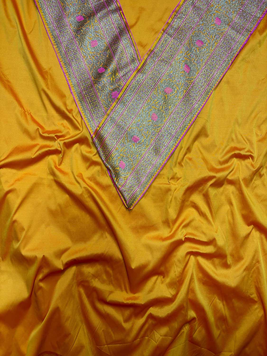 Yellow Plain Soft Silk Unstitched Kurti Fabric With Yellow Banarasi Silk Lace - Luxurion World