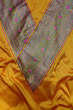 Yellow Plain Soft Silk Unstitched Kurti Fabric With Yellow Banarasi Silk Lace - Luxurion World