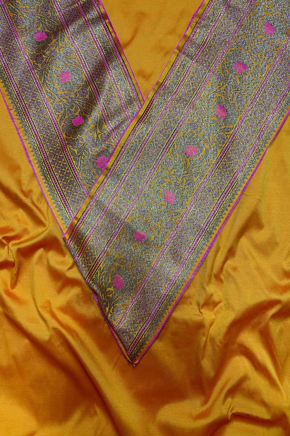 Yellow Plain Soft Silk Unstitched Kurti Fabric With Yellow Banarasi Silk Lace - Luxurion World