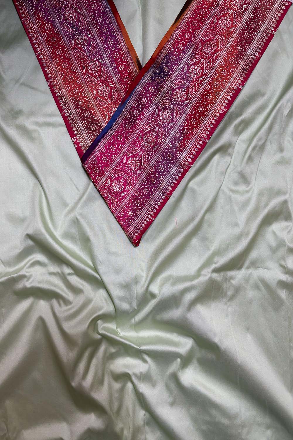 Pista Green Plain Soft Silk Unstitched Kurti Fabric With Multicolor Banarasi Handloom Vintage Pure Silk Rangkat Border - Luxurion World
