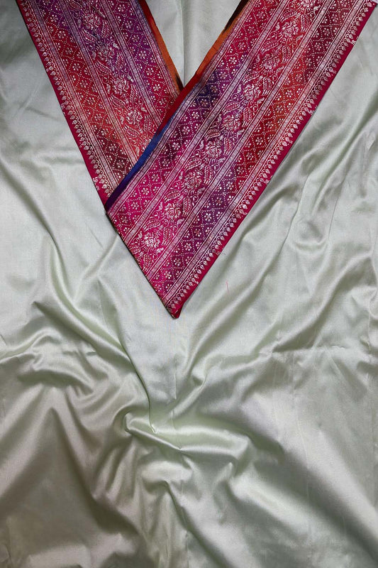 Pista Green Plain Soft Silk Unstitched Kurti Fabric With Multicolor Banarasi Handloom Vintage Pure Silk Rangkat Border - Luxurion World