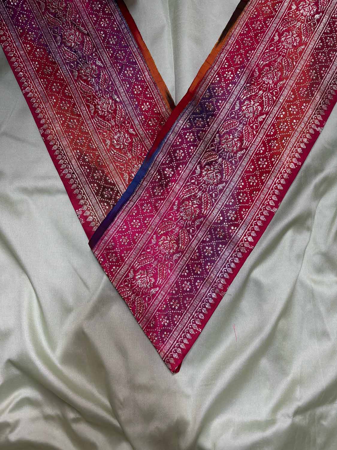 Pista Green Plain Soft Silk Unstitched Kurti Fabric With Multicolor Banarasi Handloom Vintage Pure Silk Rangkat Border - Luxurion World