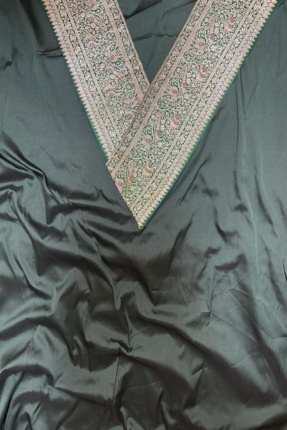 Green Plain Soft Silk Unstitched Kurti Fabric With Green Banarasi Handloom Vintage Pure Silk Border - Luxurion World