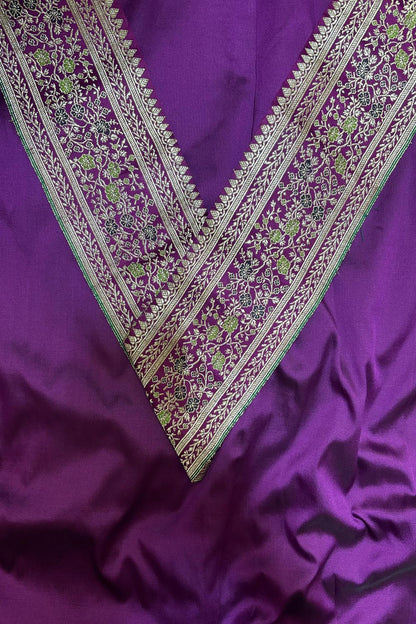Purple Plain Soft Silk Unstitched Kurti Fabric With Purple Banarasi Handloom Vintage Pure Silk Border - Luxurion World