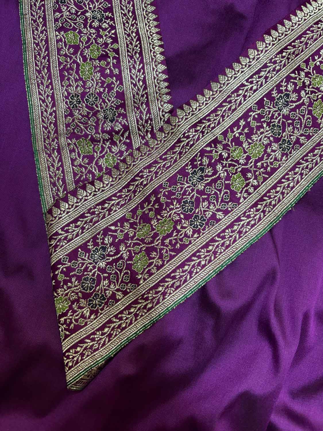 Purple Plain Soft Silk Unstitched Kurti Fabric With Purple Banarasi Handloom Vintage Pure Silk Border - Luxurion World