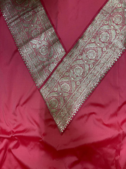 Pink Plain Soft Silk Unstitched Kurti Fabric With Pink Banarasi Handloom Vintage Pure Silk Border - Luxurion World