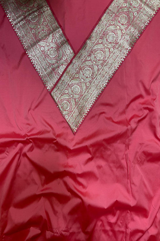 Pink Plain Soft Silk Unstitched Kurti Fabric With Pink Banarasi Handloom Vintage Pure Silk Border - Luxurion World