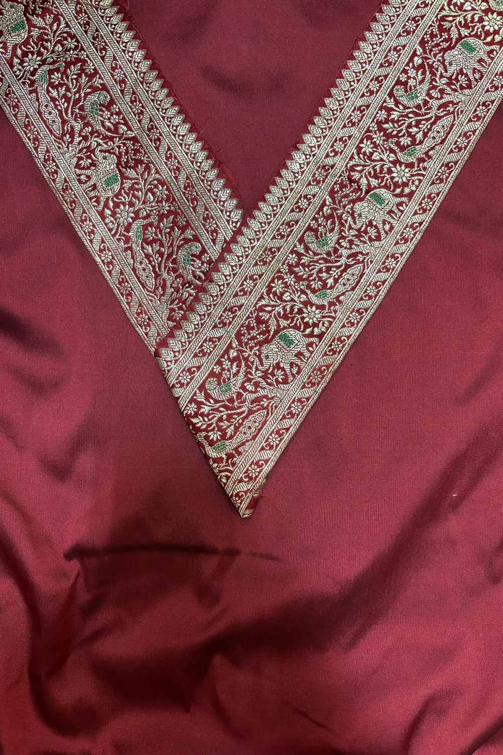 Maroon Plain Soft Silk Unstitched Kurti Fabric With Maroon Banarasi Handloom Vintage Pure Silk Border - Luxurion World