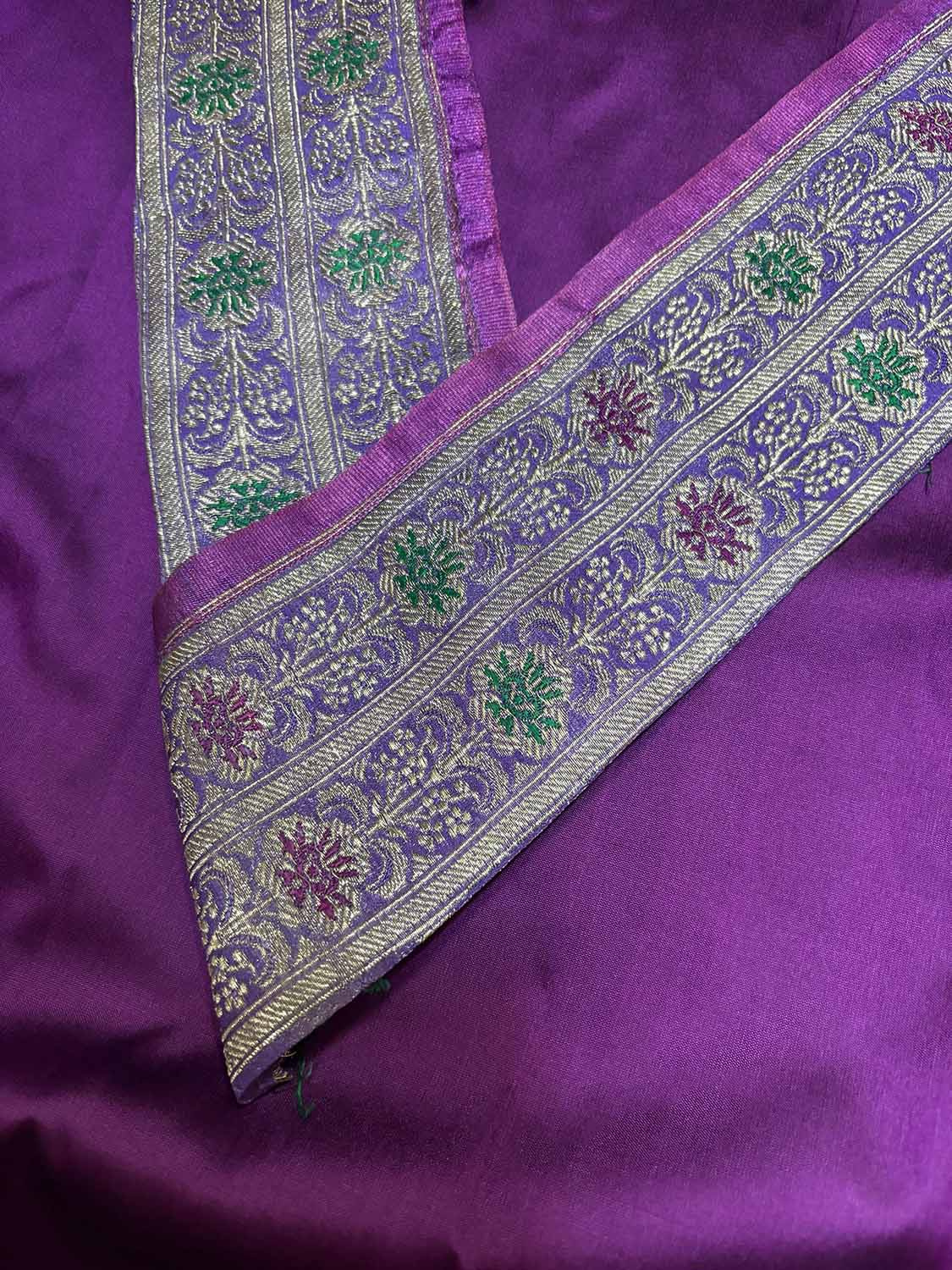 Purple Plain Soft Silk Unstitched Kurti Fabric With Purple Banarasi Handloom Vintage Pure Silk Border - Luxurion World