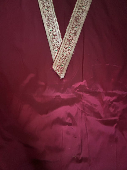 Maroon Plain Soft Silk Unstitched Kurti Fabric With Maroon Banarasi Handloom Vintage Pure Silk Border - Luxurion World