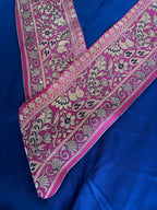 Blue Plain Soft Silk Unstitched Kurti Fabric With Pink Banarasi Handloom Vintage Pure Silk Border - Luxurion World