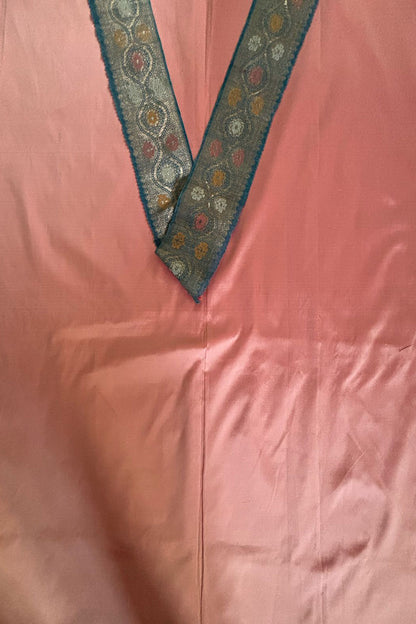Pink Plain Soft Silk Unstitched Kurti Fabric With Blue Banarasi Handloom Vintage Pure Silk Border - Luxurion World