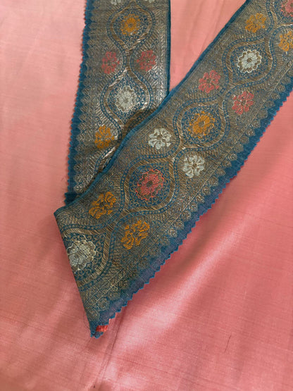 Pink Plain Soft Silk Unstitched Kurti Fabric With Blue Banarasi Handloom Vintage Pure Silk Border - Luxurion World