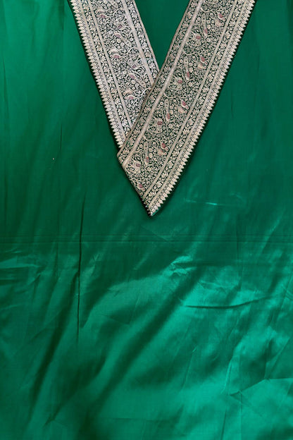 Green Plain Soft Silk Unstitched Kurti Fabric With Green Banarasi Handloom Vintage Pure Silk Border - Luxurion World