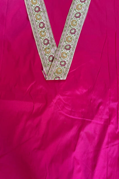 Pink Plain Soft Silk Unstitched Kurti Fabric With Pink Banarasi Handloom Vintage Pure Silk Border - Luxurion World