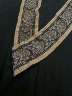 Black Plain Soft Silk Unstitched Kurti Fabric With Black Banarasi Handloom Vintage Pure Silk Border - Luxurion World