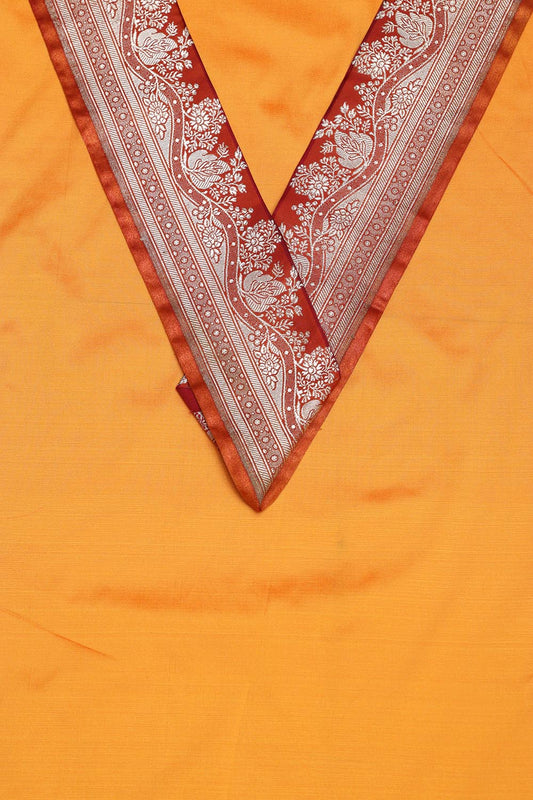 Yellow Plain Soft Silk Unstitched Kurti Fabric With Banarasi Handloom Vintage Pure Silk Border - Luxurion World