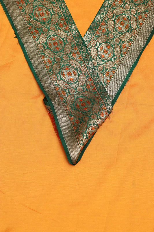 Yellow Plain Soft Silk Unstitched Kurti Fabric With Banarasi Handloom Vintage Pure Silk Border - Luxurion World