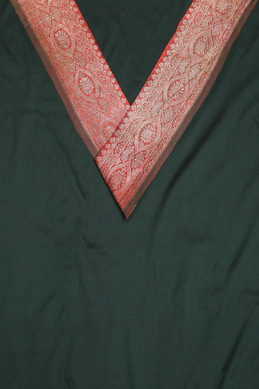 Green Plain Soft Silk Unstitched Kurti Fabric With Banarasi Handloom Vintage Pure Silk Border - Luxurion World