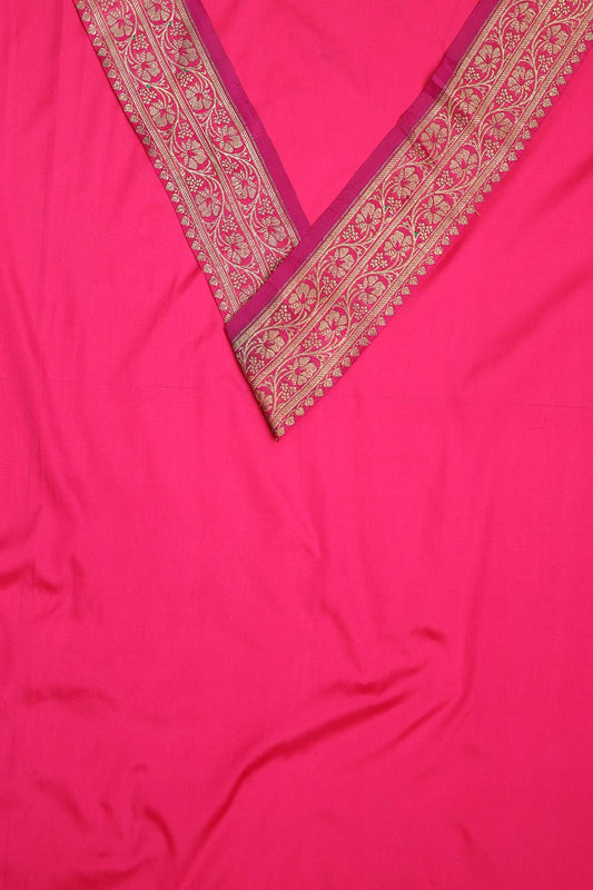 Pink Plain Soft Silk Unstitched Kurti Fabric With Banarasi Handloom Vintage Pure Silk Border - Luxurion World