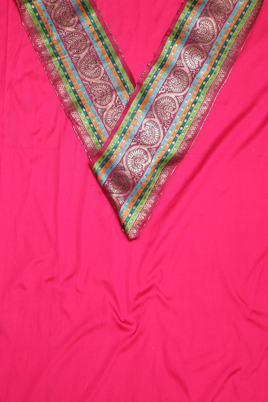 Pink Plain Soft Silk Unstitched Kurti Fabric With Banarasi Handloom Vintage Pure Silk Border - Luxurion World