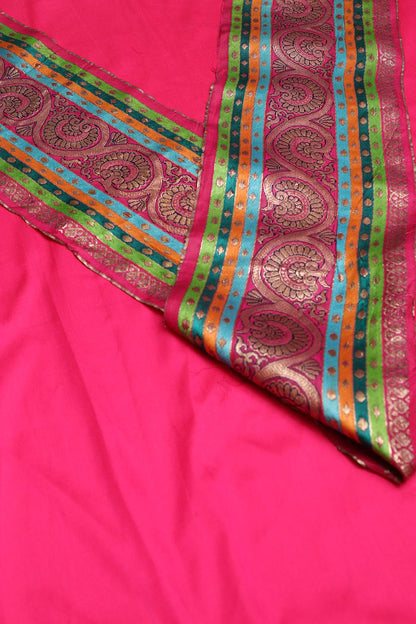 Pink Plain Soft Silk Unstitched Kurti Fabric With Banarasi Handloom Vintage Pure Silk Border - Luxurion World
