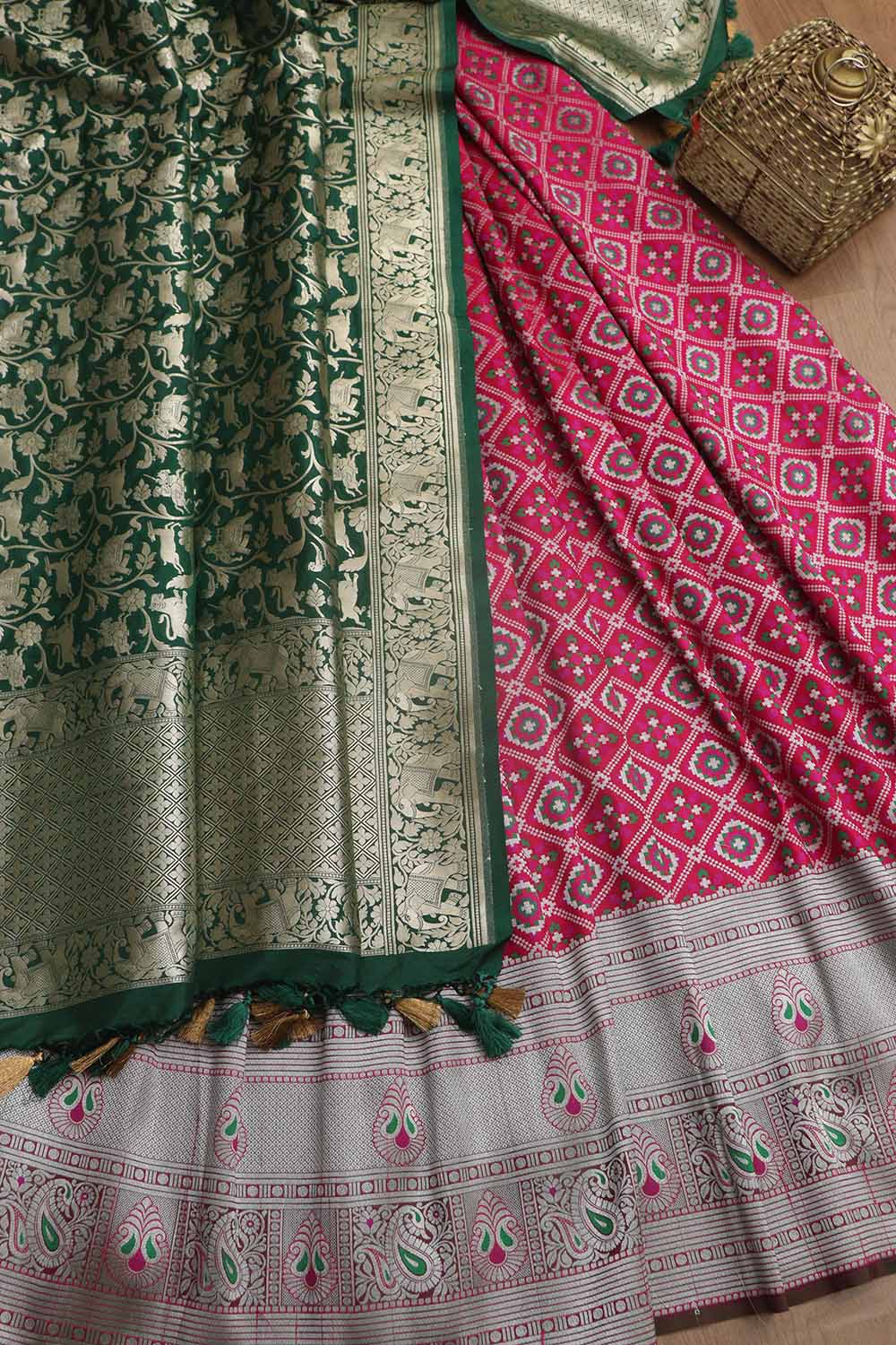 Stunning Pink Banarasi Silk Big Border Lehenga With Banarasi Organza Dupatta - Luxurion World