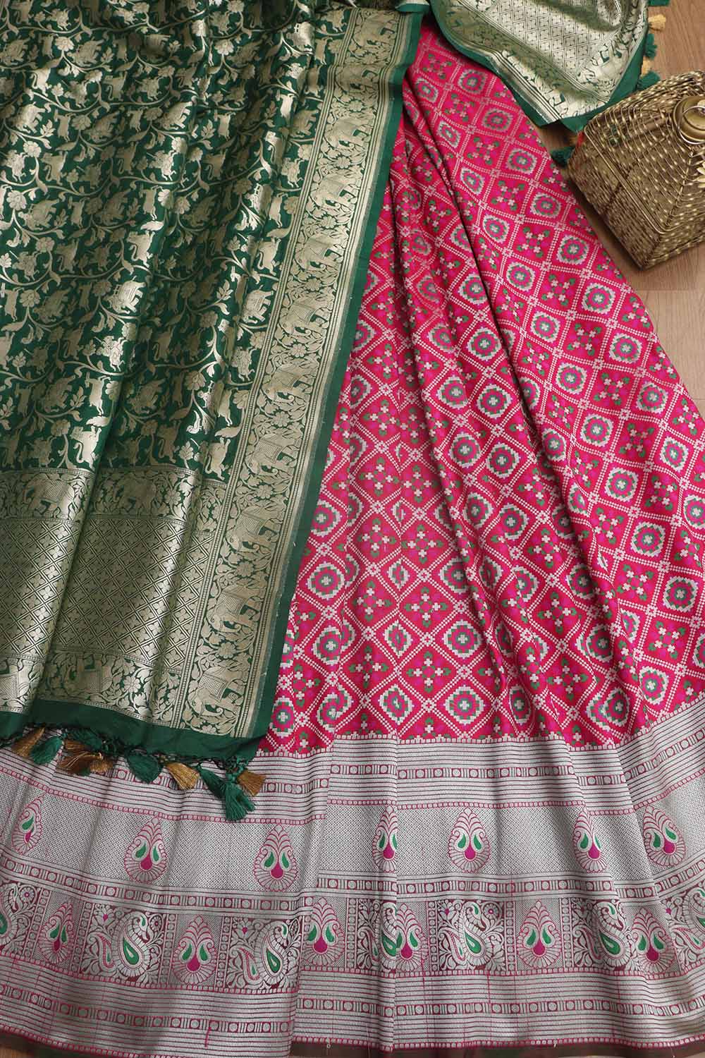 Stunning Pink Banarasi Silk Big Border Lehenga With Banarasi Organza Dupatta - Luxurion World