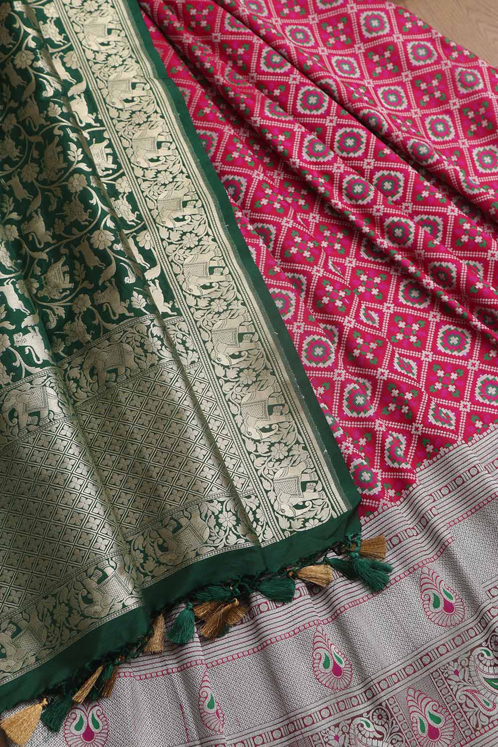 Stunning Pink Banarasi Silk Big Border Lehenga With Banarasi Organza Dupatta - Luxurion World