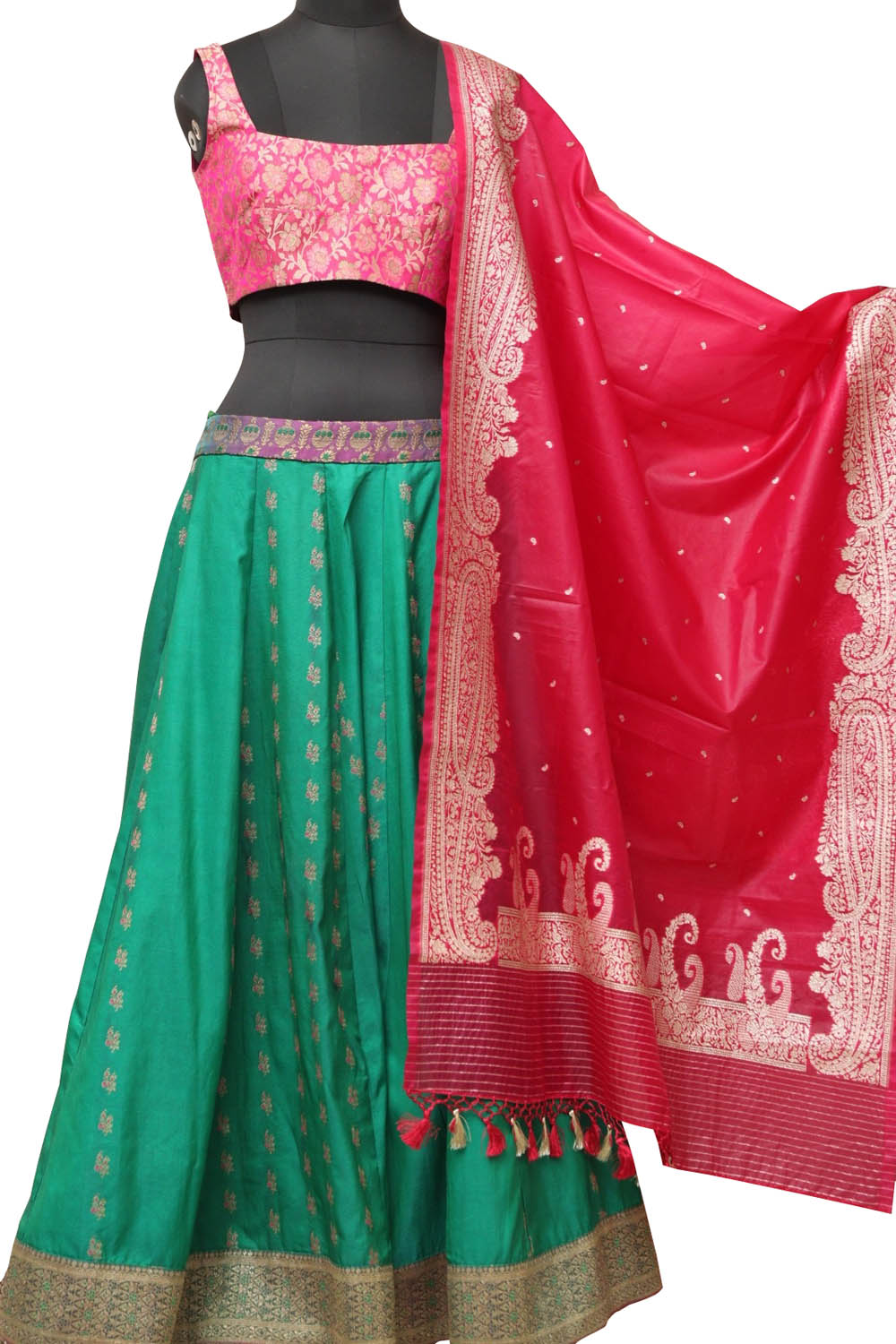 Green Banarasi Vintage Silk Stitched Lehenga With Pink Banarasi Silk Tanchui Jamawar Meenakari Stitched Blouse - Luxurion World