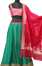 Green Banarasi Vintage Silk Stitched Lehenga With Pink Banarasi Silk Tanchui Jamawar Meenakari Stitched Blouse - Luxurion World