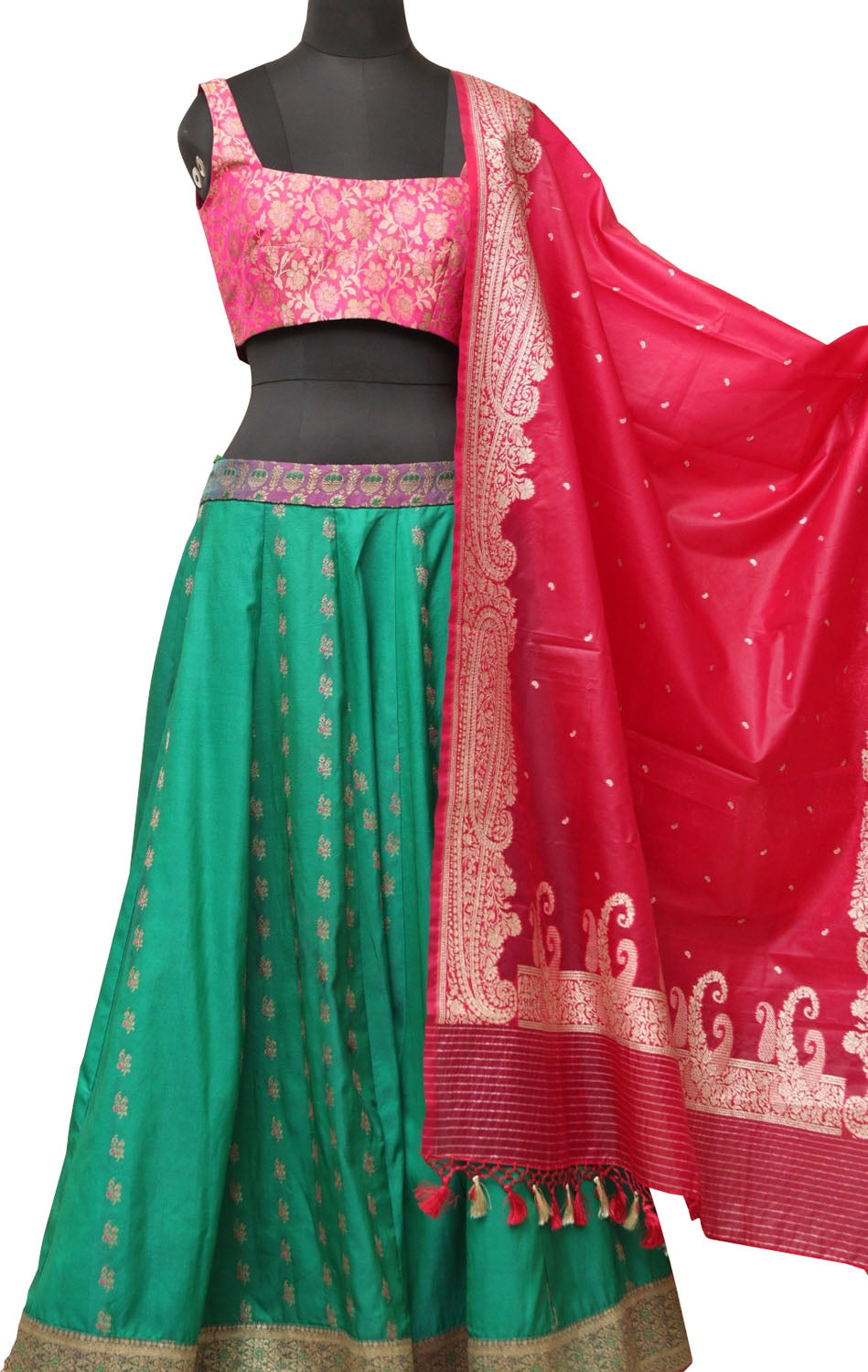 Green Banarasi Vintage Silk Stitched Lehenga With Pink Banarasi Silk Tanchui Jamawar Meenakari Stitched Blouse - Luxurion World