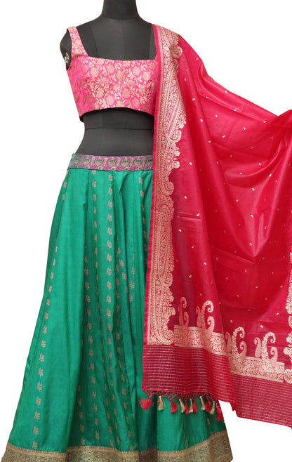 Green Banarasi Vintage Silk Stitched Lehenga With Pink Banarasi Silk Tanchui Jamawar Meenakari Stitched Blouse - Luxurion World
