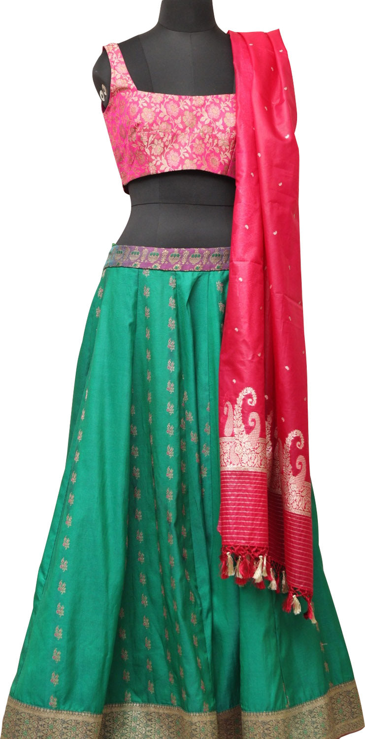 Green Banarasi Vintage Silk Stitched Lehenga With Pink Banarasi Silk Tanchui Jamawar Meenakari Stitched Blouse - Luxurion World
