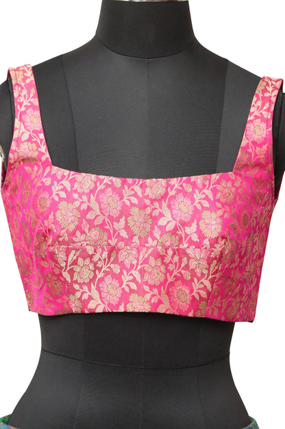 Green Banarasi Vintage Silk Stitched Lehenga With Pink Banarasi Silk Tanchui Jamawar Meenakari Stitched Blouse - Luxurion World