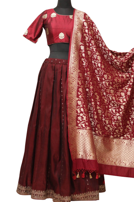Elegant Maroon Banarasi Vintage Silk Stitched Lehenga With Maroon Banarasi Pure Katan Silk Blouse - Luxurion World