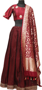 Elegant Maroon Banarasi Vintage Silk Stitched Lehenga With Maroon Banarasi Pure Katan Silk Blouse - Luxurion World