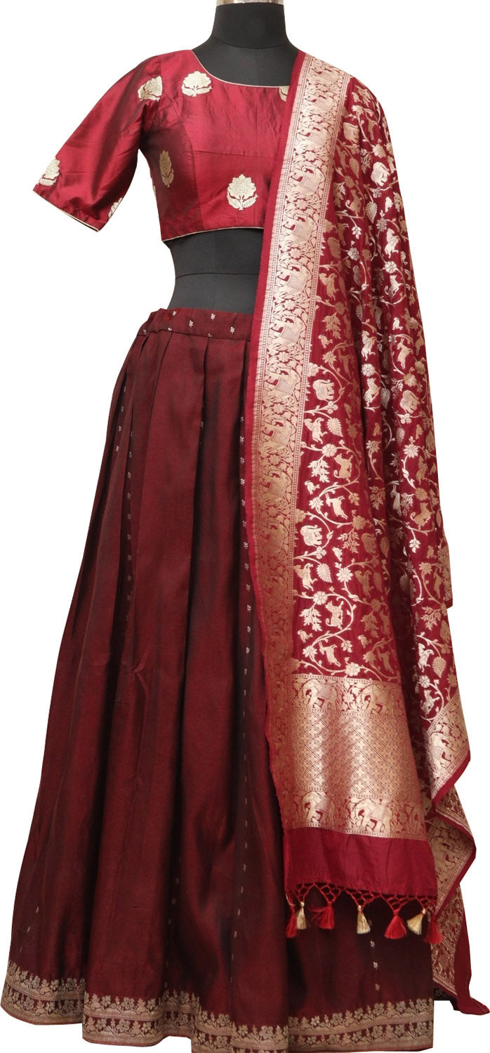 Elegant Maroon Banarasi Vintage Silk Stitched Lehenga With Maroon Banarasi Pure Katan Silk Blouse - Luxurion World