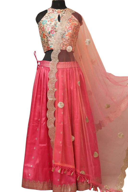 Pink Banarasi Vintage Silk Stitched Lehenga With Multicolor Digital Printed Tussar Silk Blouse - Luxurion World