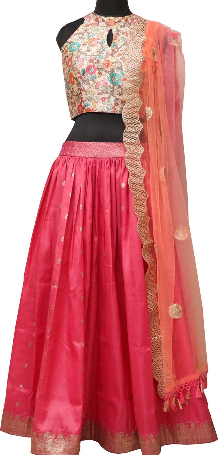 Pink Banarasi Vintage Silk Stitched Lehenga With Multicolor Digital Printed Tussar Silk Blouse - Luxurion World