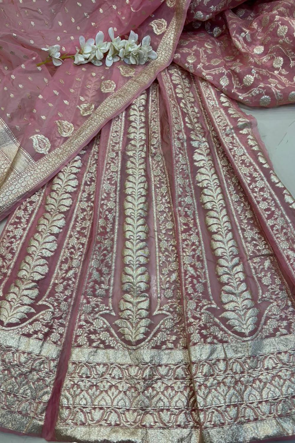 Pretty in Pink: Pink Banarasi Organza Silk Unstitched Lehenga Set - Luxurion World