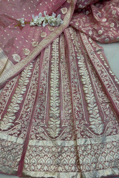 Pretty in Pink: Pink Banarasi Organza Silk Unstitched Lehenga Set - Luxurion World