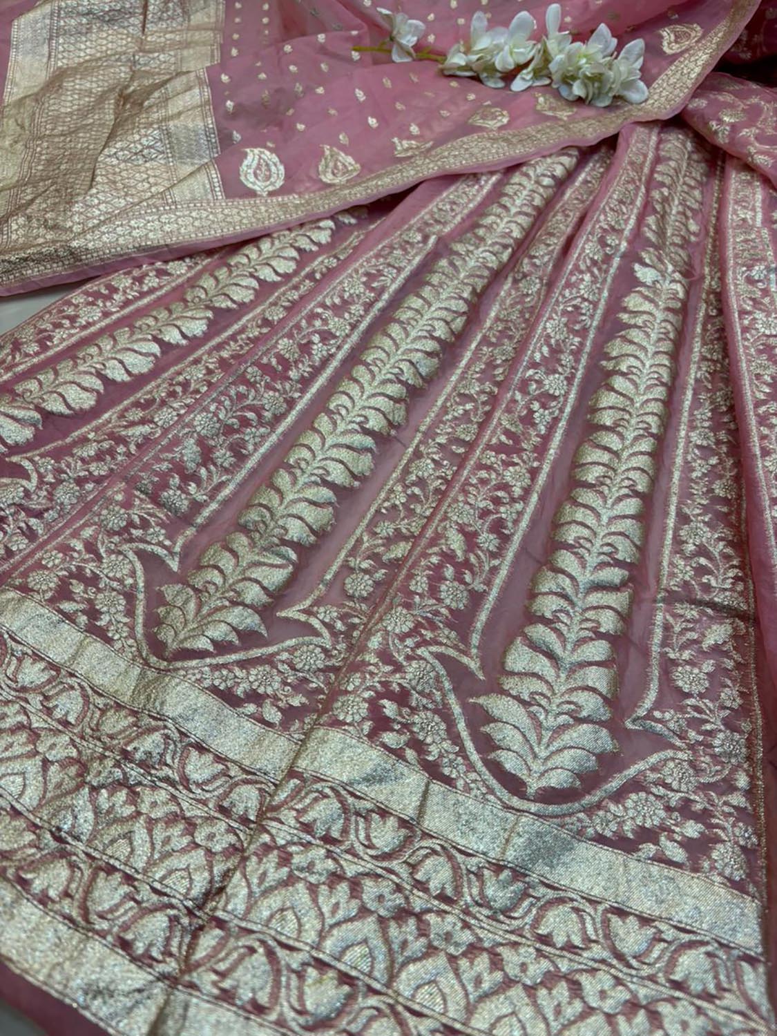 Pretty in Pink: Pink Banarasi Organza Silk Unstitched Lehenga Set - Luxurion World