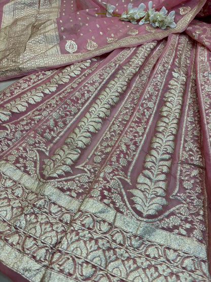 Pretty in Pink: Pink Banarasi Organza Silk Unstitched Lehenga Set - Luxurion World