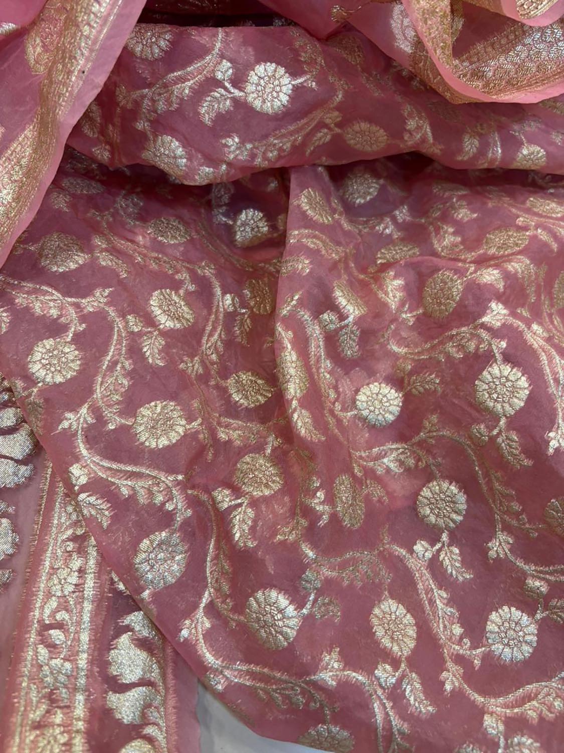 Pretty in Pink: Pink Banarasi Organza Silk Unstitched Lehenga Set - Luxurion World