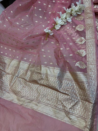 Pretty in Pink: Pink Banarasi Organza Silk Unstitched Lehenga Set - Luxurion World