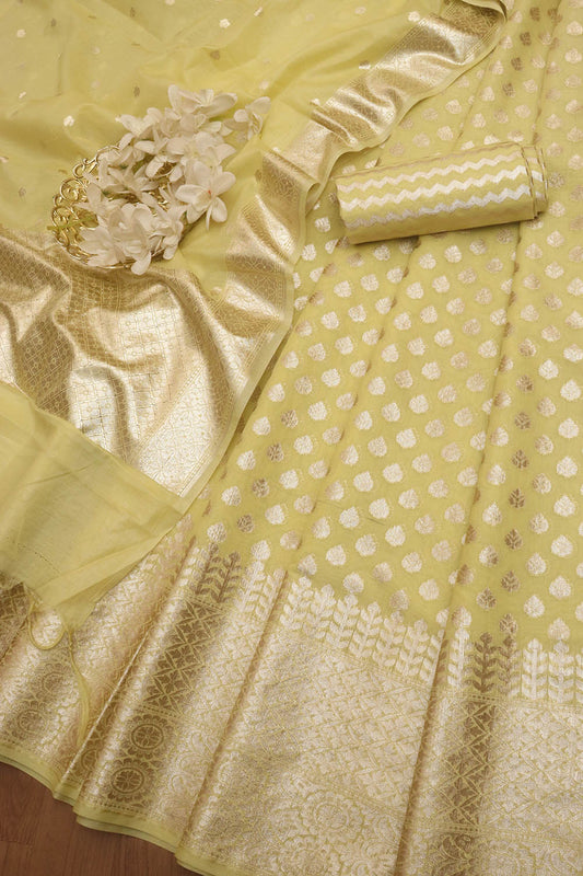 Yellow Banarasi Cotton Unstitched Lehenga Set