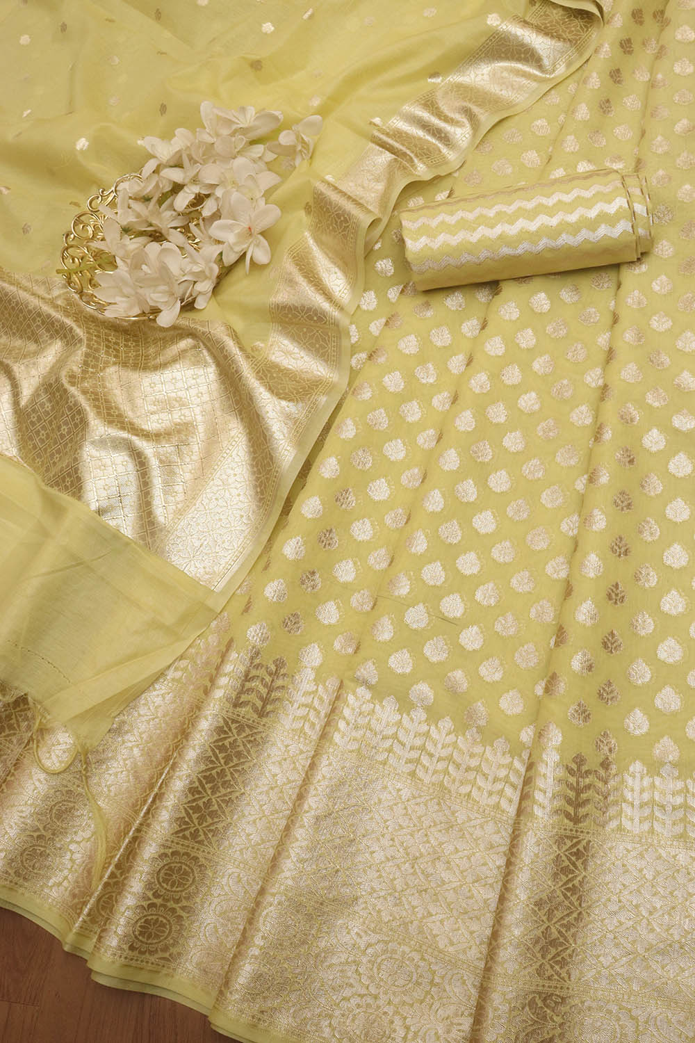 Yellow Banarasi Cotton Unstitched Lehenga Set - Luxurion World