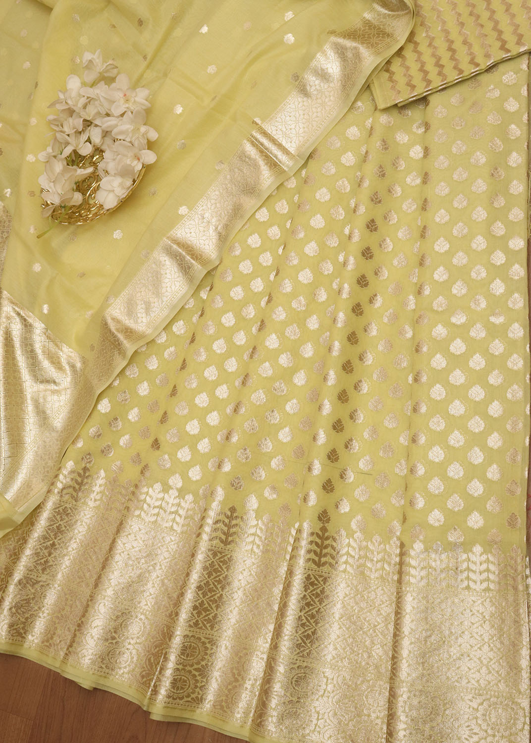 Yellow Banarasi Cotton Unstitched Lehenga Set - Luxurion World